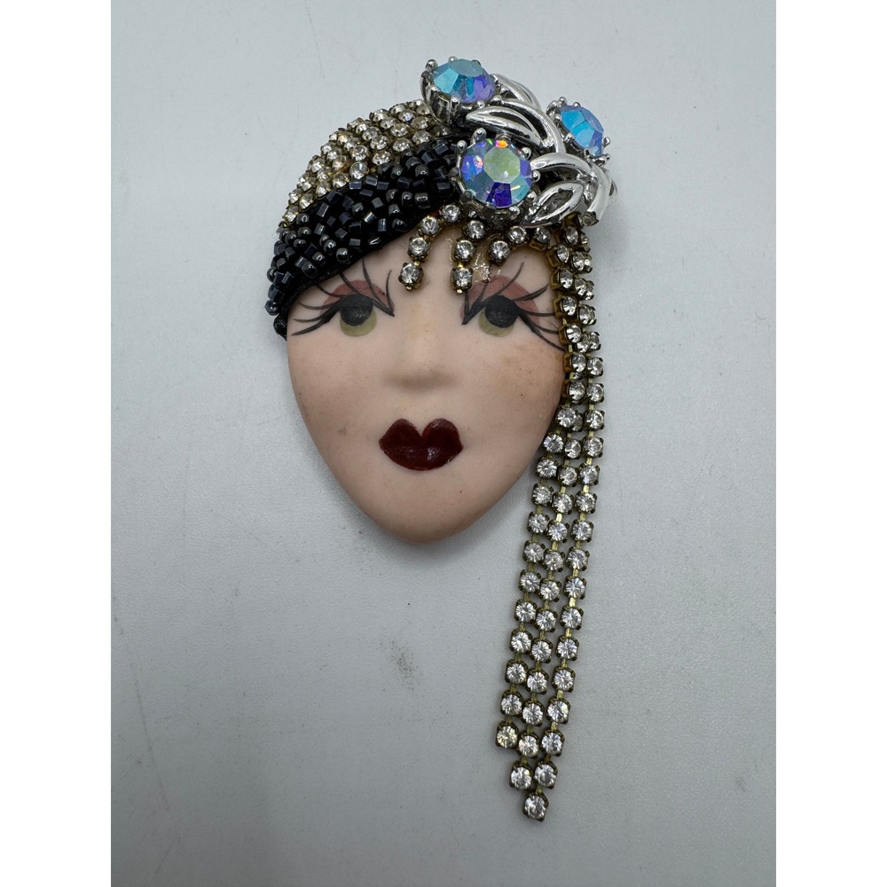Vintage Style Ceramic Flapper Face Brooch Rhinestone Tassels Crystal Beaded